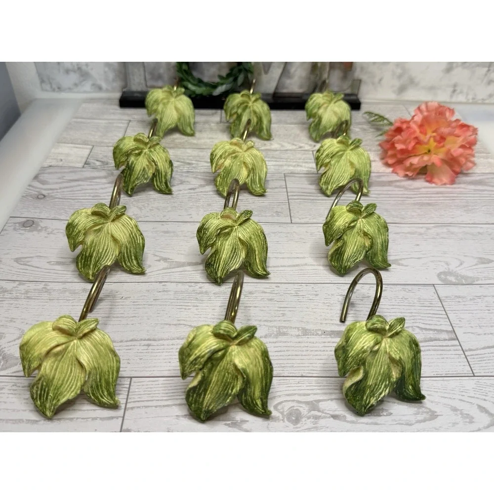 Set of 23 Green Leaves Shower Curtain Hooks Vintage Gold Tone Metal‎ Nature GUC